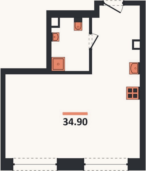 Планировка: 1-к, 34,9 м²