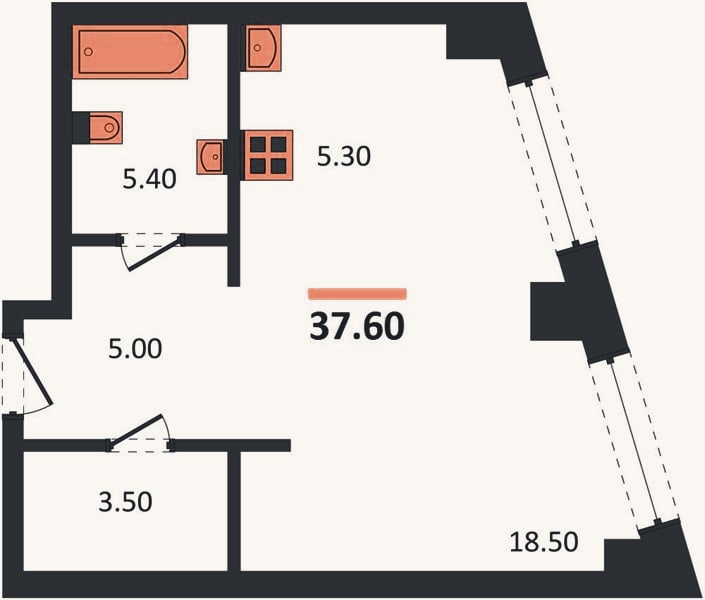 Планировка: Студия, 37,6 м²