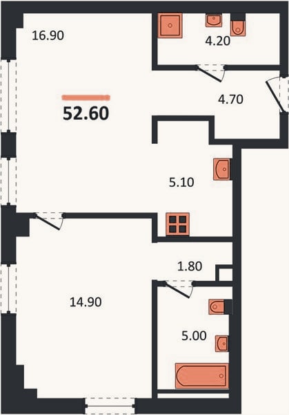Планировка: 1-к, 52,6 м²