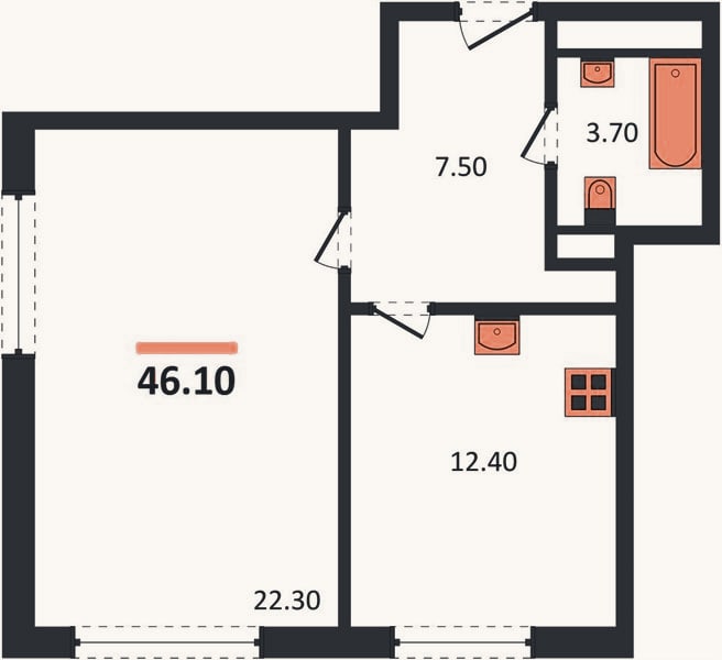 Планировка: 1-к, 45,5 м²