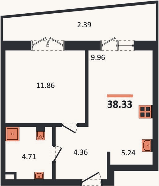 Планировка: 1-к, 38,3 м²