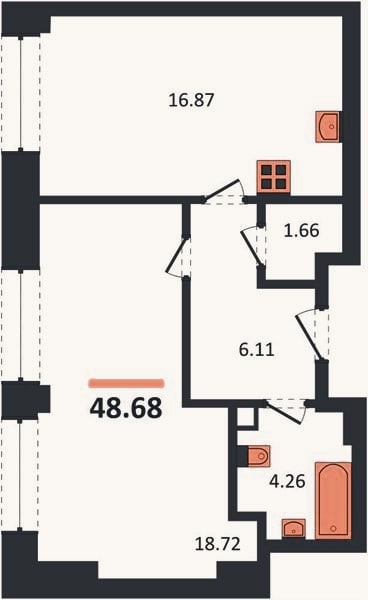 Планировка: 1-к, 48,7 м²