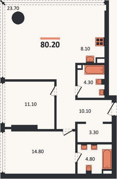 Планировка: 2-к, 80,2 м²