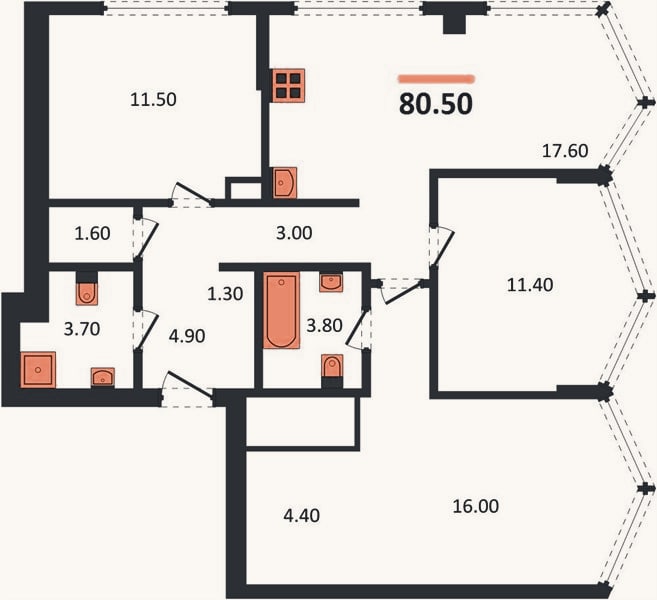 Планировка: 3-к, 80,5 м²