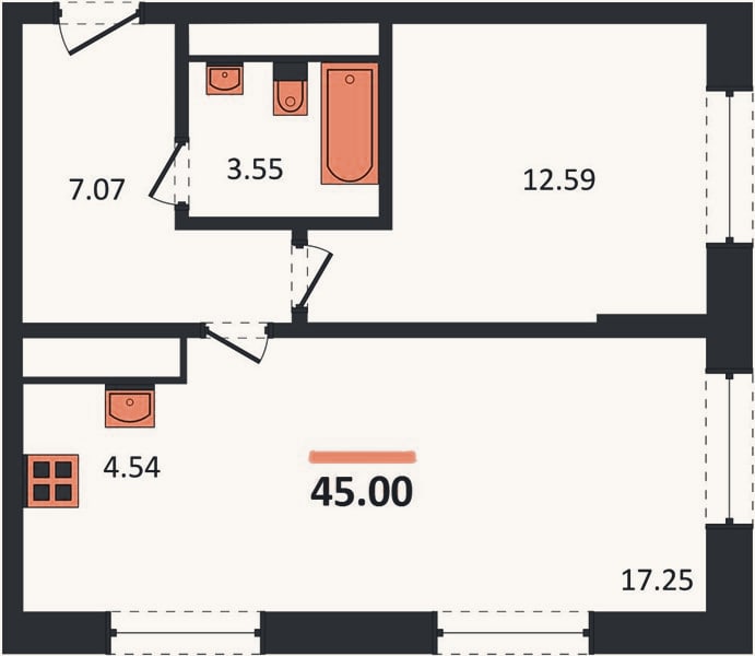 Планировка: 1-к, 45 м²