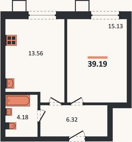 Планировка: 1-к, 39,2 м²