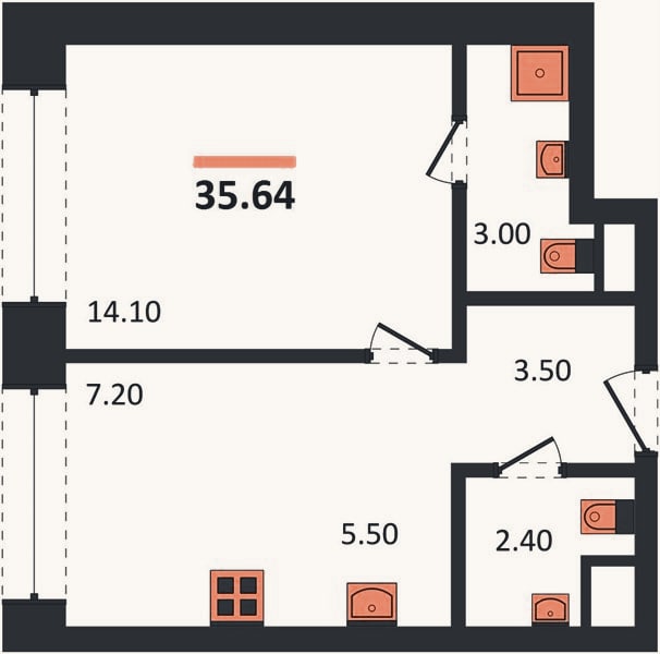 Планировка: 1-к, 35,6 м²