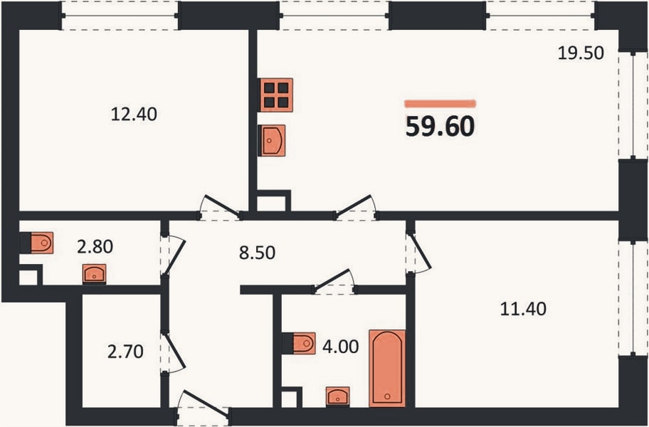 Планировка: 2-к, 59,6 м²