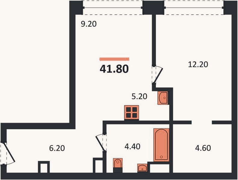 Планировка: 1-к, 42,2 м²
