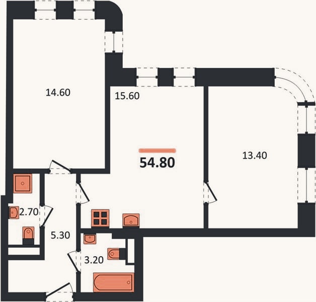 Планировка: 2-к, 54,8 м²