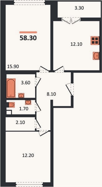 Планировка: 2-к, 58,3 м²
