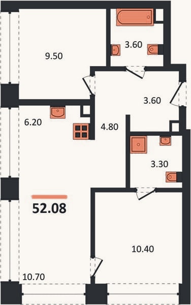 Планировка: 2-к, 52,1 м²