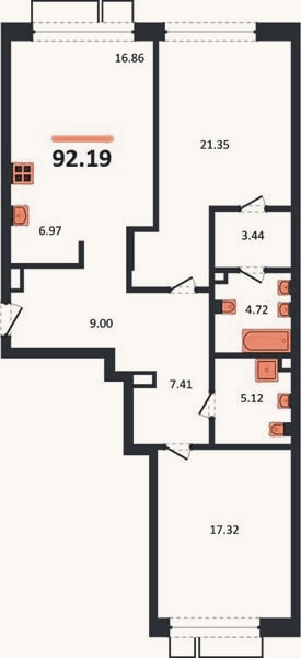 Планировка: 2-к, 92,2 м²