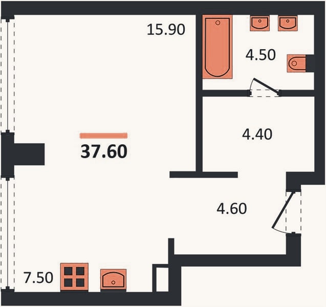 Планировка: Студия, 37,6 м²