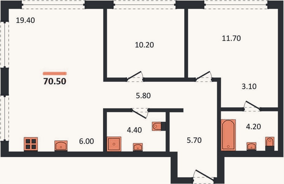 Планировка: 2-к, 70,5 м²