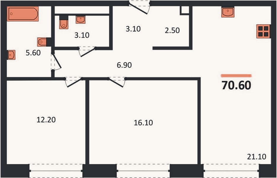 Планировка: 2-к, 70,6 м²