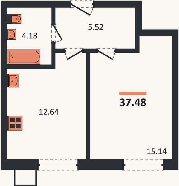Планировка: 1-к, 37,5 м²