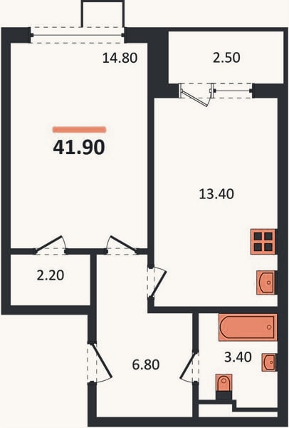 Планировка: 1-к, 41,9 м²
