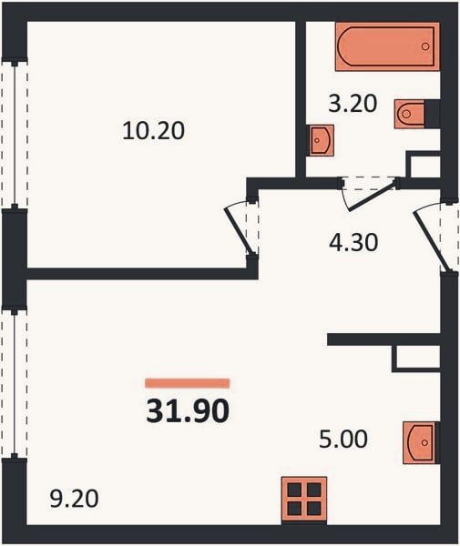 Планировка: 1-к, 31,9 м²