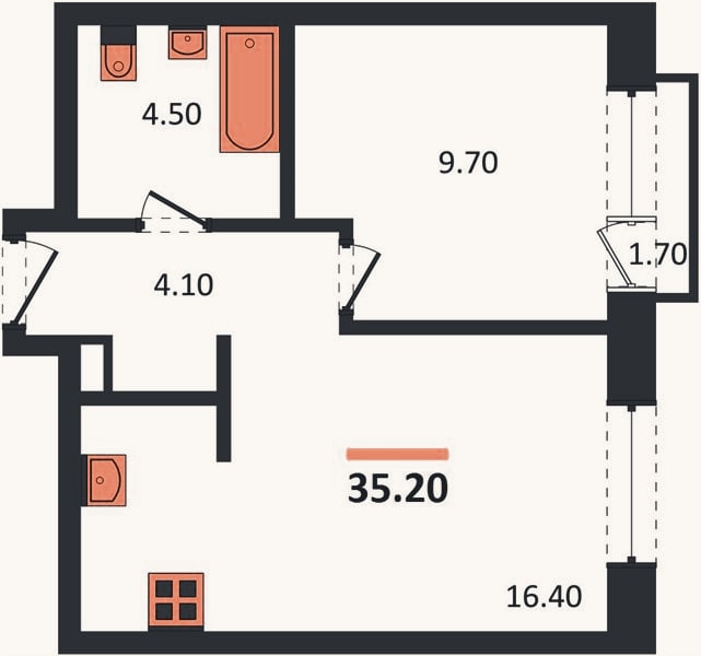 Планировка: 1-к, 35,2 м²