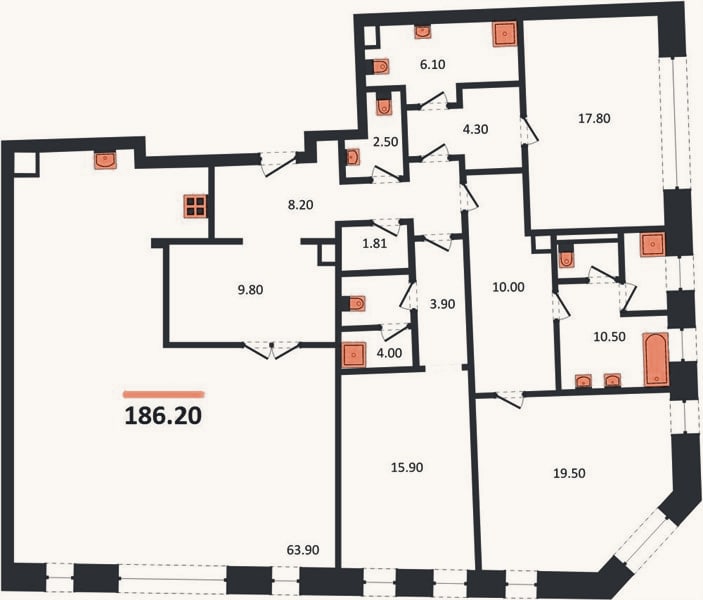 Планировка: 3-к, 186,2 м²