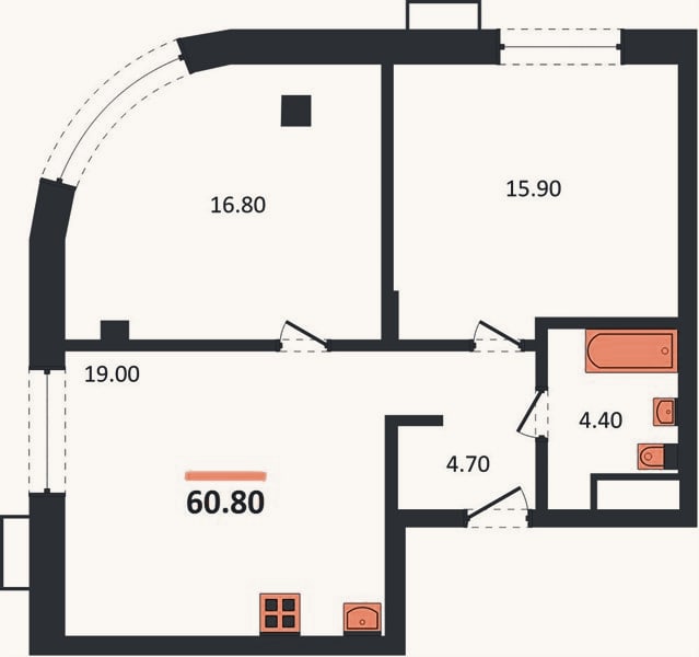 Планировка: 2-к, 60,8 м²