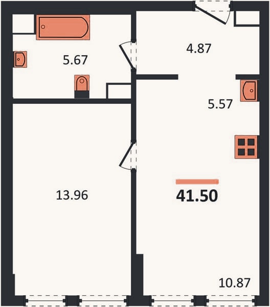 Планировка: 1-к, 41,5 м²