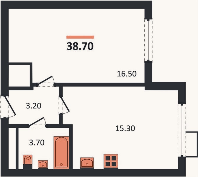 Планировка: 1-к, 38,7 м²