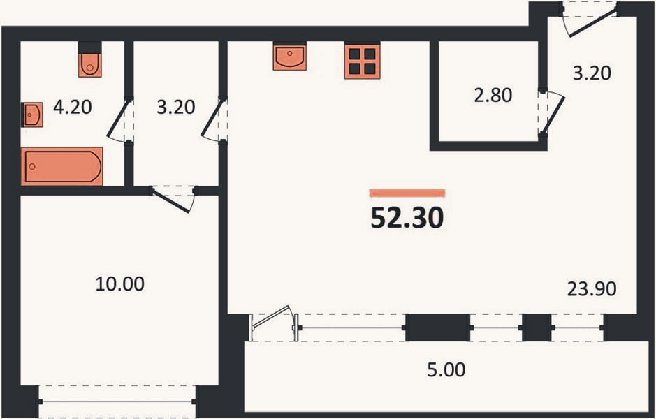 Планировка: 1-к, 52,3 м²