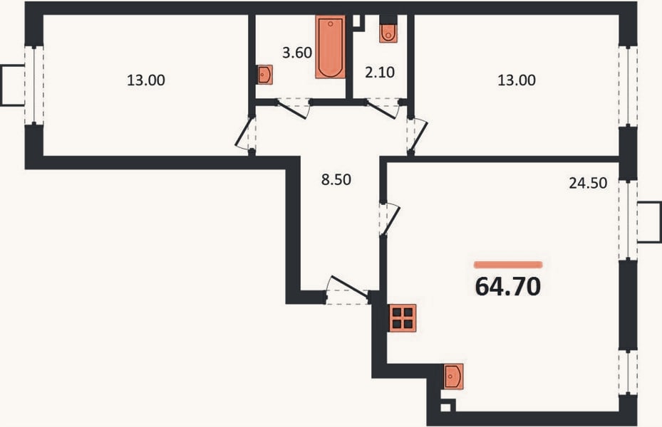 Планировка: 2-к, 64,7 м²