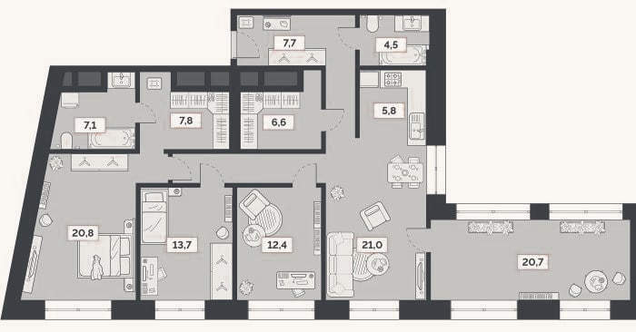 Планировка: 3-к, 136,7 м²