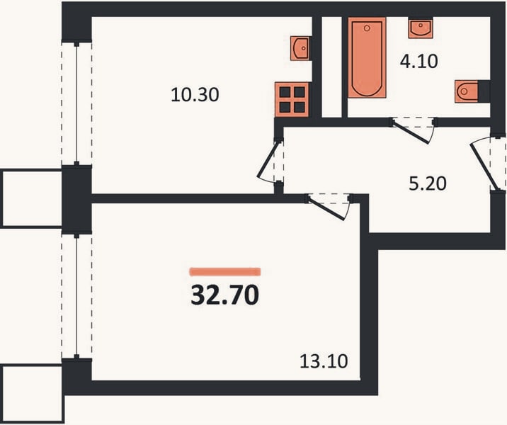 Планировка: 1-к, 32,7 м²