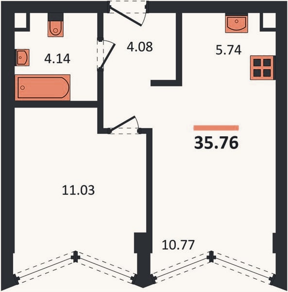 Планировка: 1-к, 35,8 м²