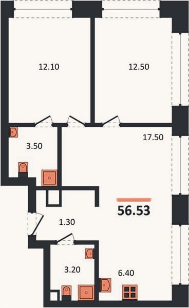 Планировка: 2-к, 56,5 м²