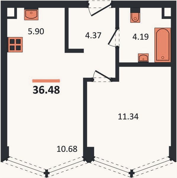 Планировка: 1-к, 36,5 м²