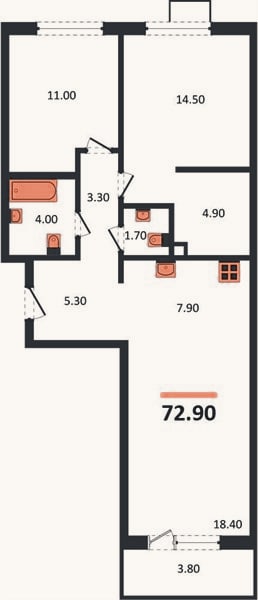 Планировка: 2-к, 72,9 м²