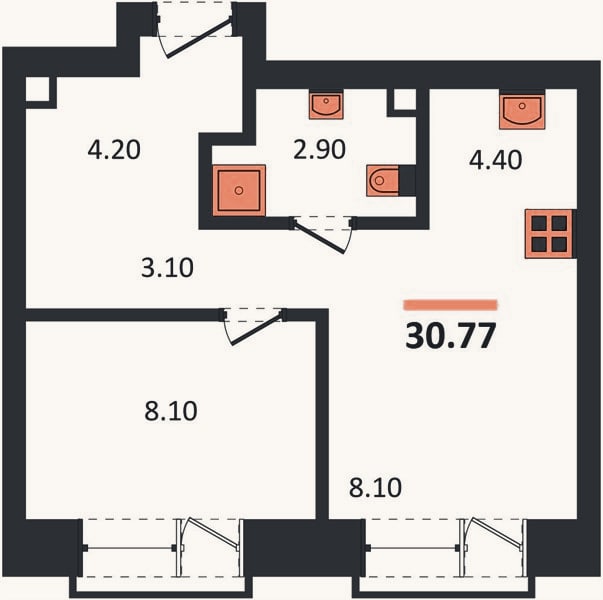 Планировка: 1-к, 30,8 м²