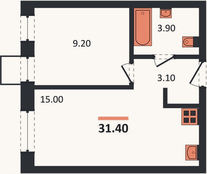 Планировка: 1-к, 31,4 м²
