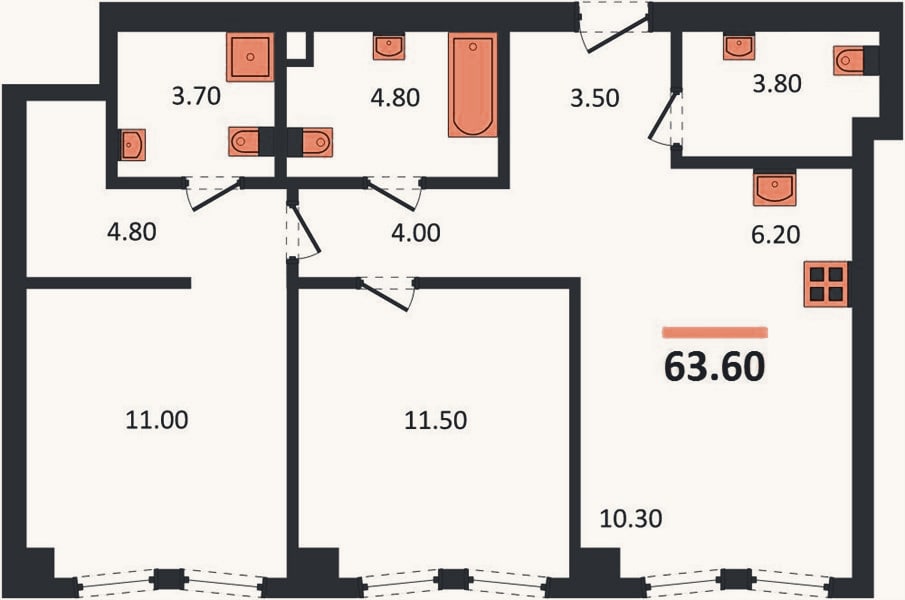 Планировка: 2-к, 63,6 м²