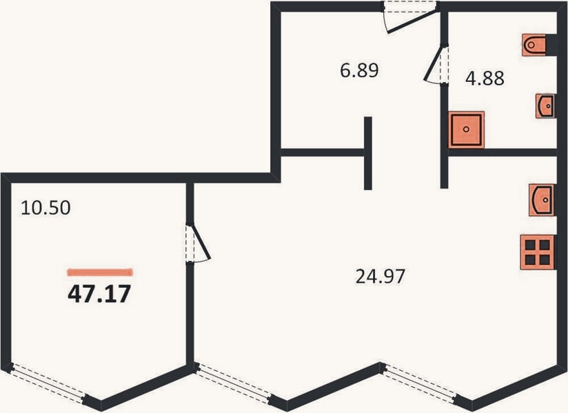 Планировка: 1-к, 47,1 м²