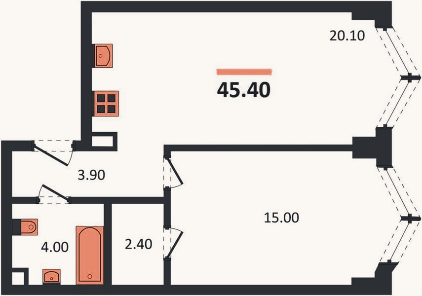 Планировка: 1-к, 45,4 м²
