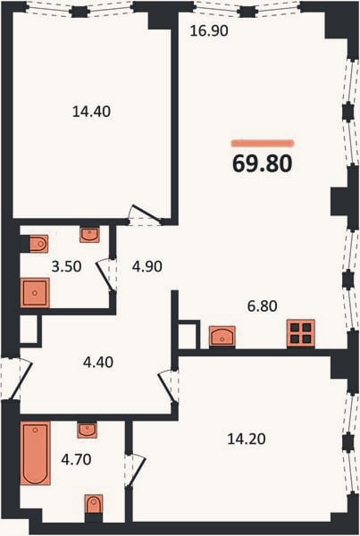Планировка: 2-к, 69,8 м²