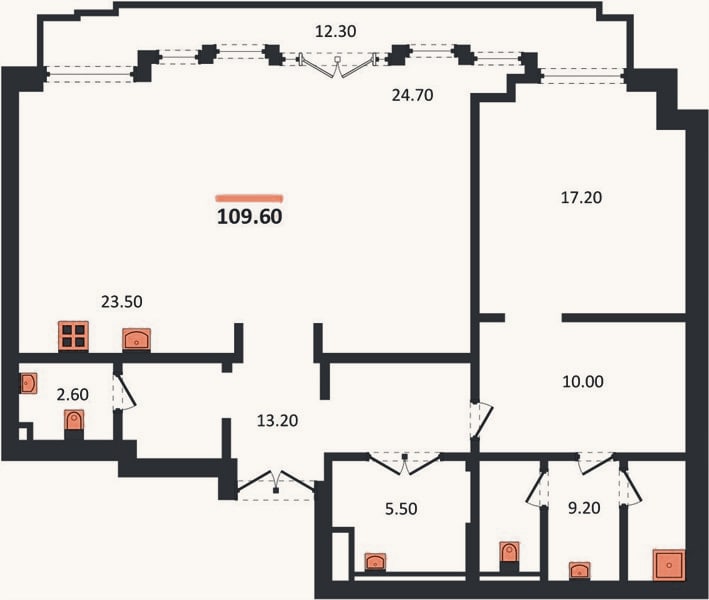 Планировка: 1-к, 109,6 м²