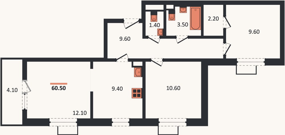 Планировка: 3-к, 60,5 м²
