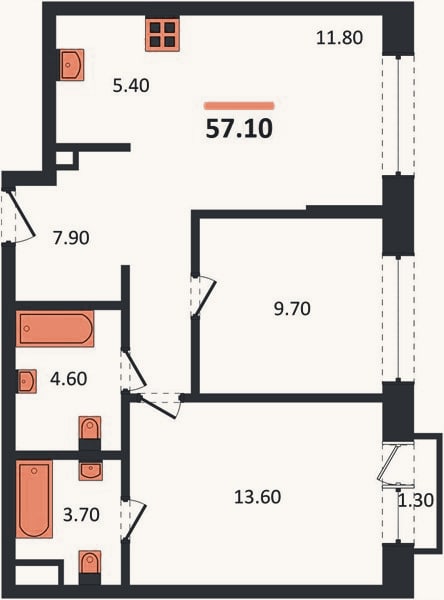 Планировка: 2-к, 57,1 м²