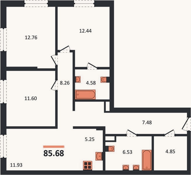 Планировка: 3-к, 85,7 м²