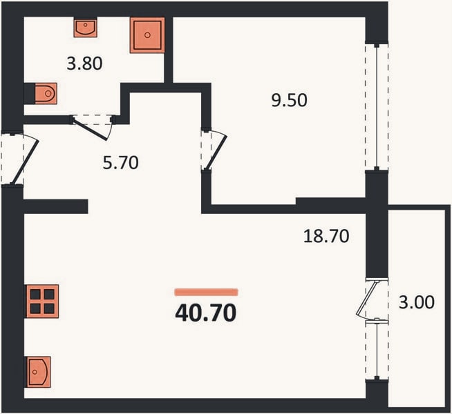 Планировка: 1-к, 40,7 м²