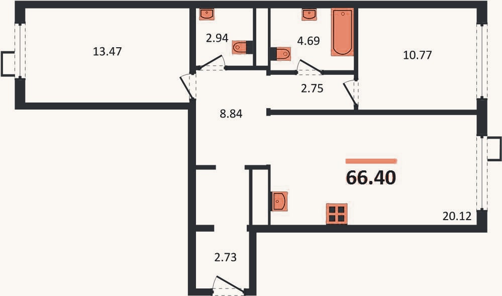 Планировка: 2-к, 65,8 м²