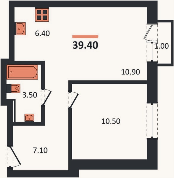 Планировка: 1-к, 39,4 м²