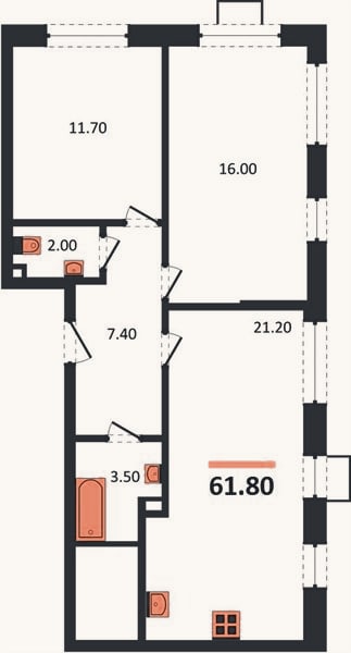 Планировка: 2-к, 63,6 м²